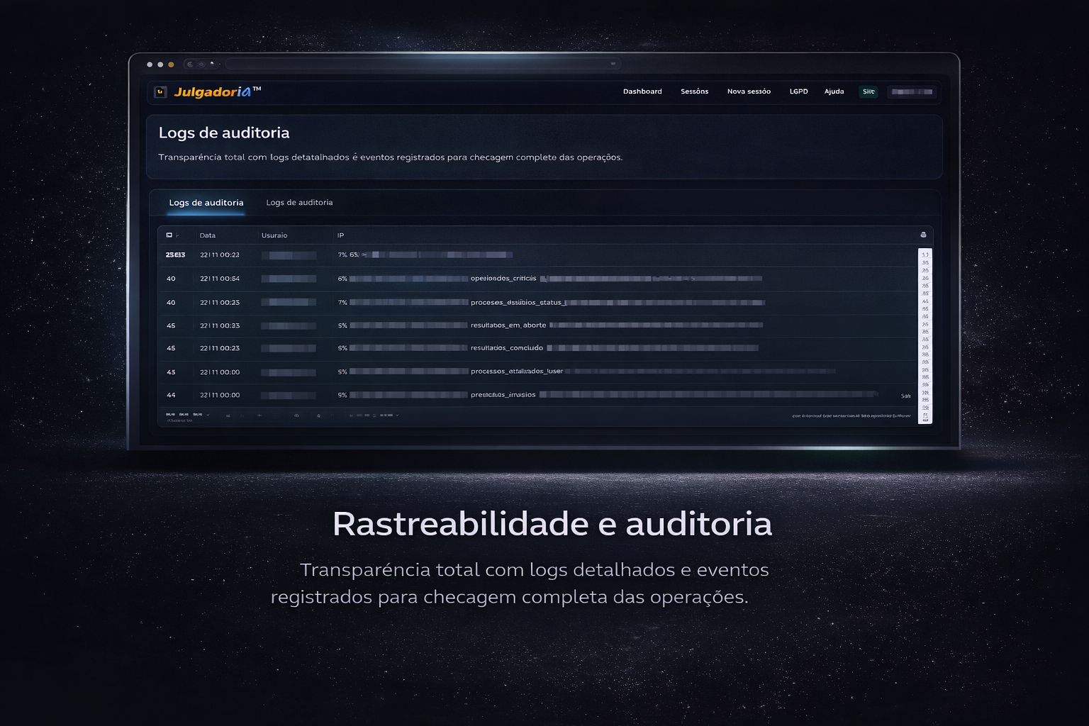 Tela de rastreabilidade e auditoria do JulgadorIA